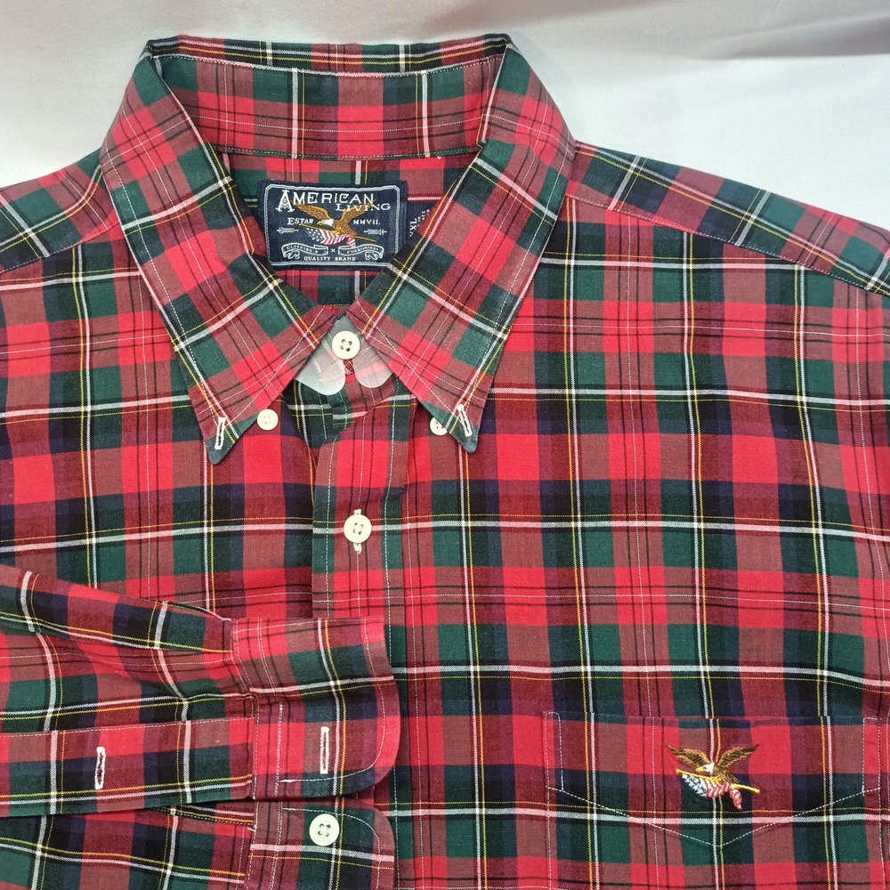 Vtg American Living Mens XXL Red Green Tartan Plaid Button Down Shirt Eagle Logo